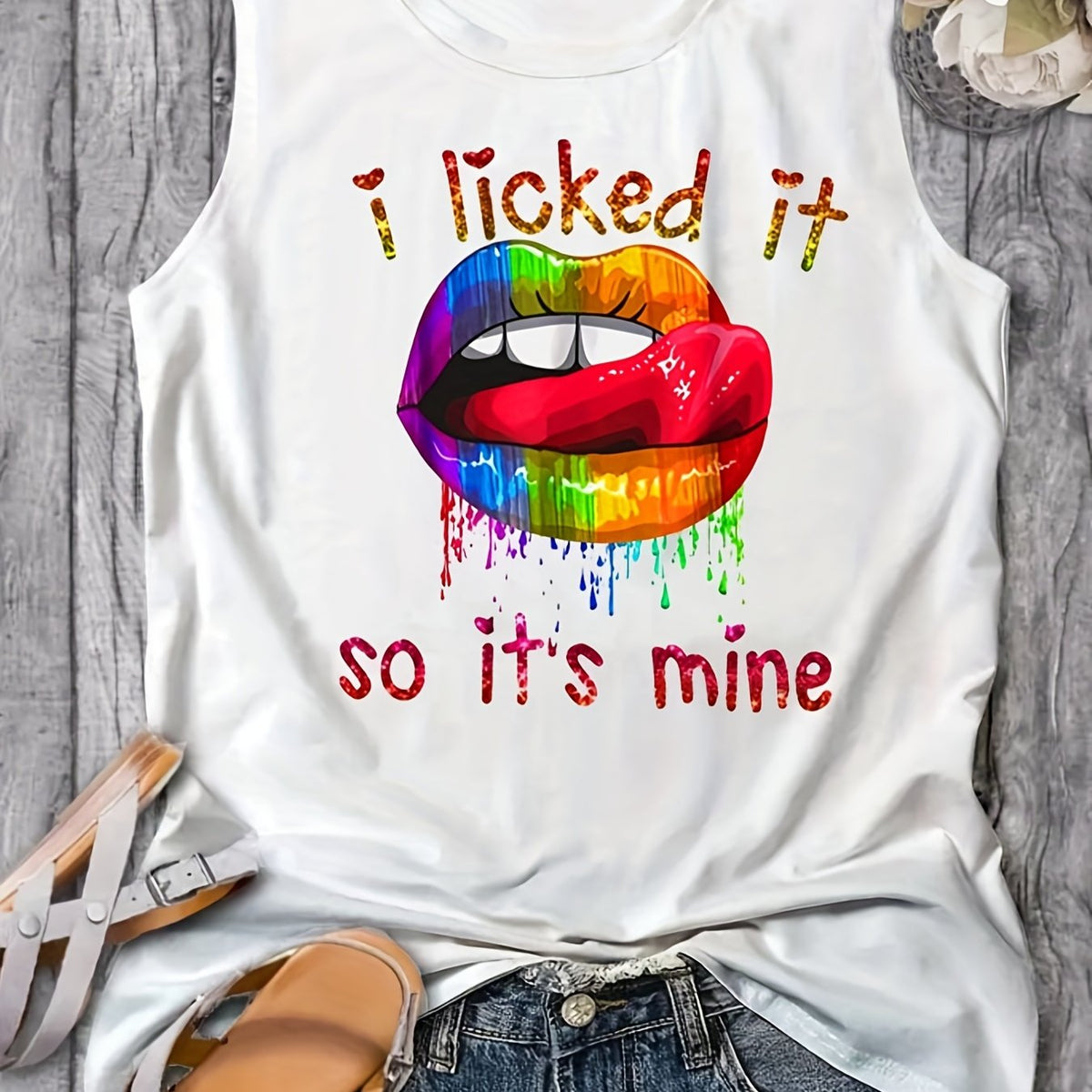 Colorful Lips & Letter Print Tank Top Women's Sleeveless Top