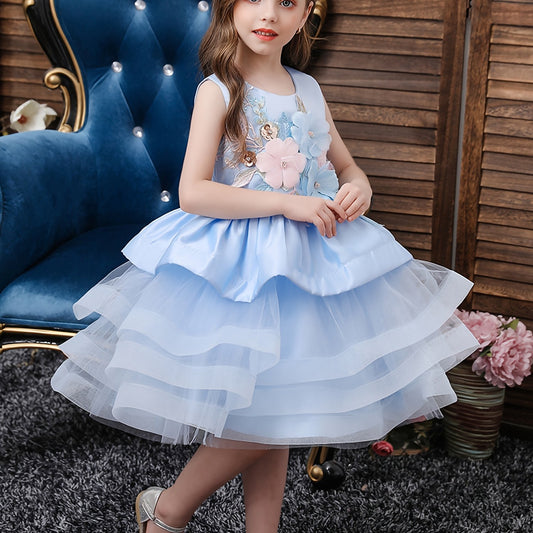 Girls Sleeveless Puffy Princess Dress Flowers Mesh Tutu Dress