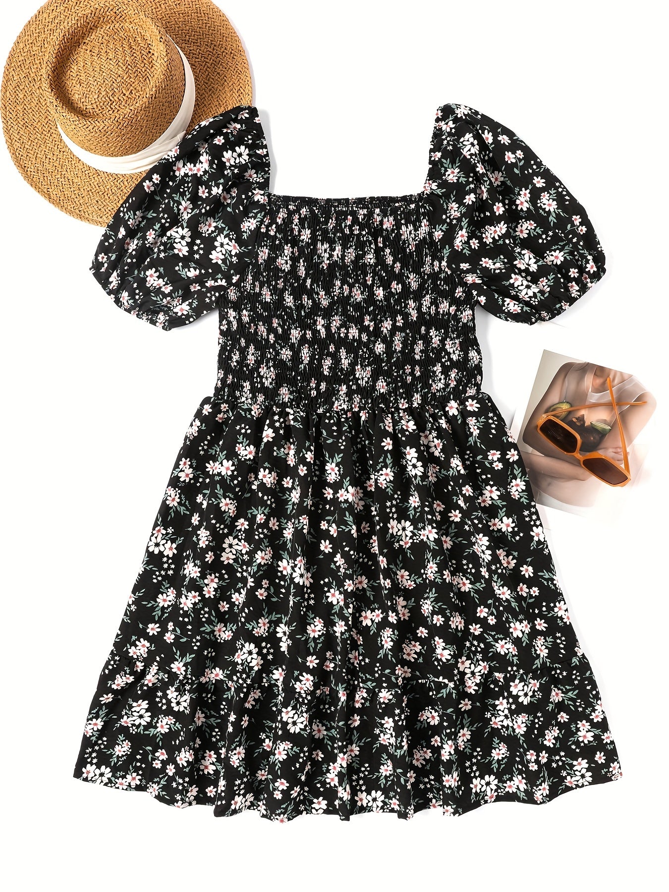  Ditsy Print Puff Sleeve Square Neck Stretch Dress