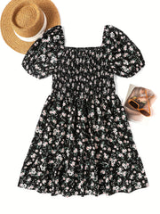  Ditsy Print Puff Sleeve Square Neck Stretch Dress