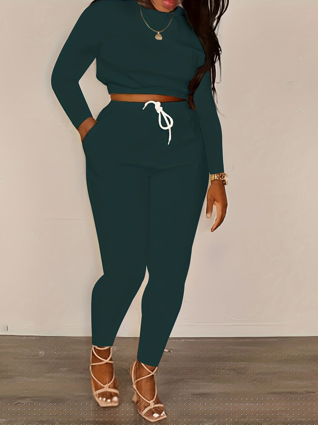 Solid Casual Two piece Set Crew Neck Long Sleeve Tops & Drawstring Elastic Waist