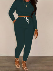 Solid Casual Two piece Set Crew Neck Long Sleeve Tops & Drawstring Elastic Waist