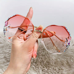 Y2K Half Rim Round Sunglasses Rhinestone Decor Eyeglasses Women