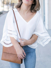  Bell Sleeve Mesh V Neck Tee