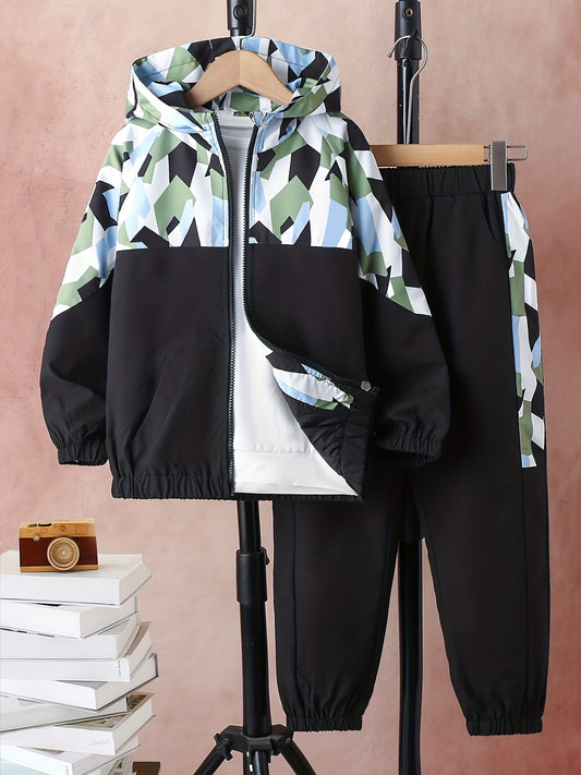Boy's Geometric Pattern Jacket & Sweatpants Set for Spring Fall