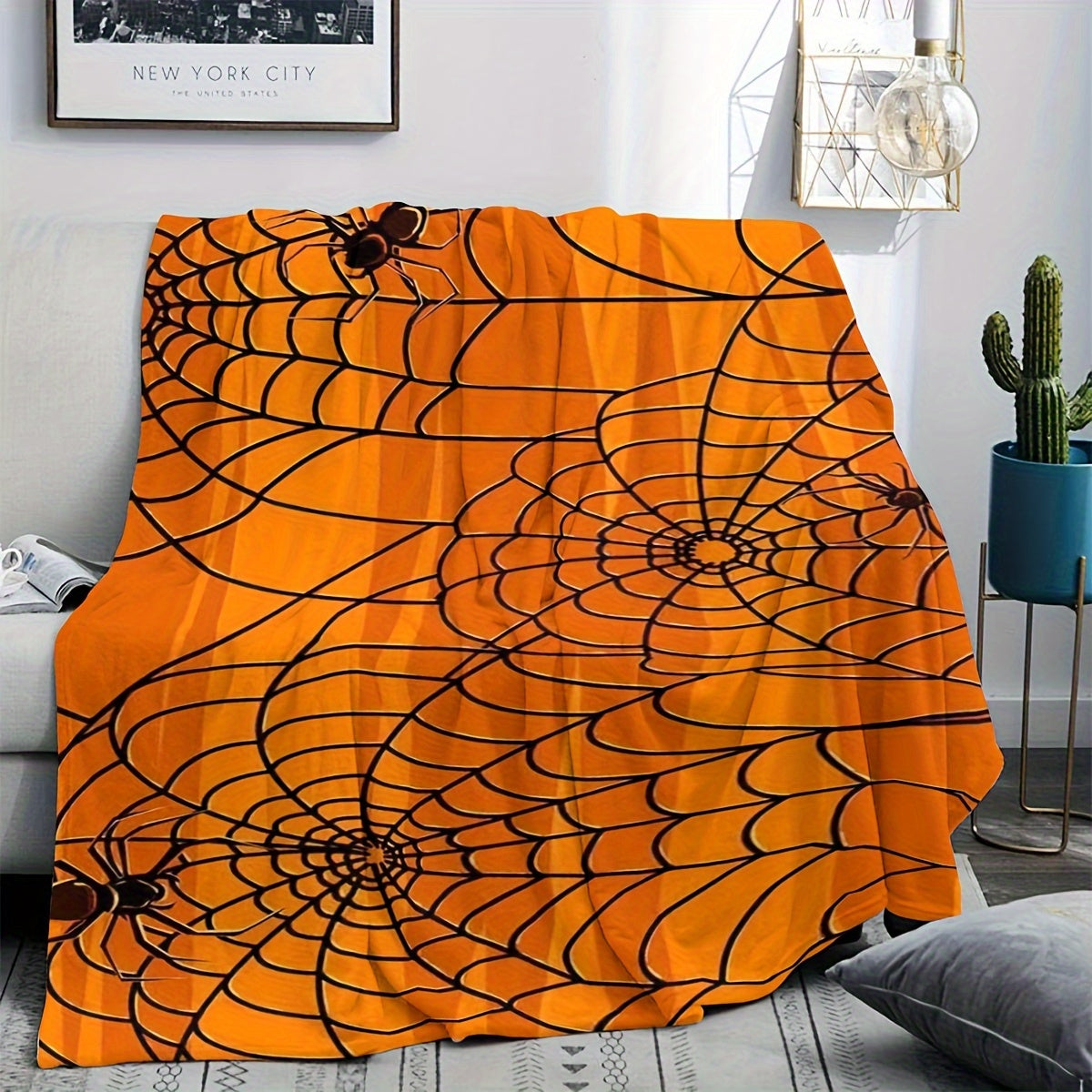 Orange Spider Web Printed Blanket for Home & Outdoor Use