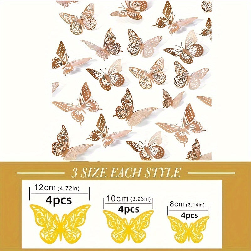 12pcs 3 Sizes 3D Butterfly Wall Decor Golden Decorations For Birthday Party Cake