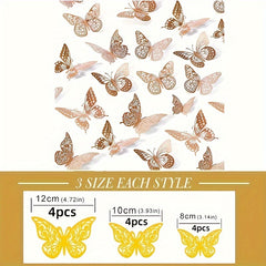 12pcs 3 Sizes 3D Butterfly Wall Decor Golden Decorations For Birthday Party Cake
