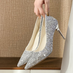 Women's Sequins Pointed Toe High Heels Glitter Slip On Wedding High Heels
