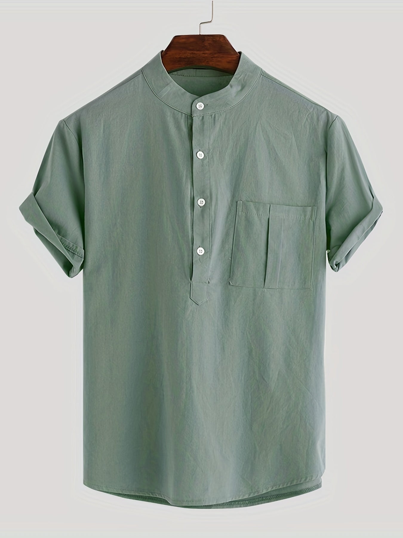Men's Cotton Comfy Shirt Short Sleeve Crew Neck Pockets Shirt