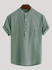 Men's Cotton Comfy Shirt Short Sleeve Crew Neck Pockets Shirt