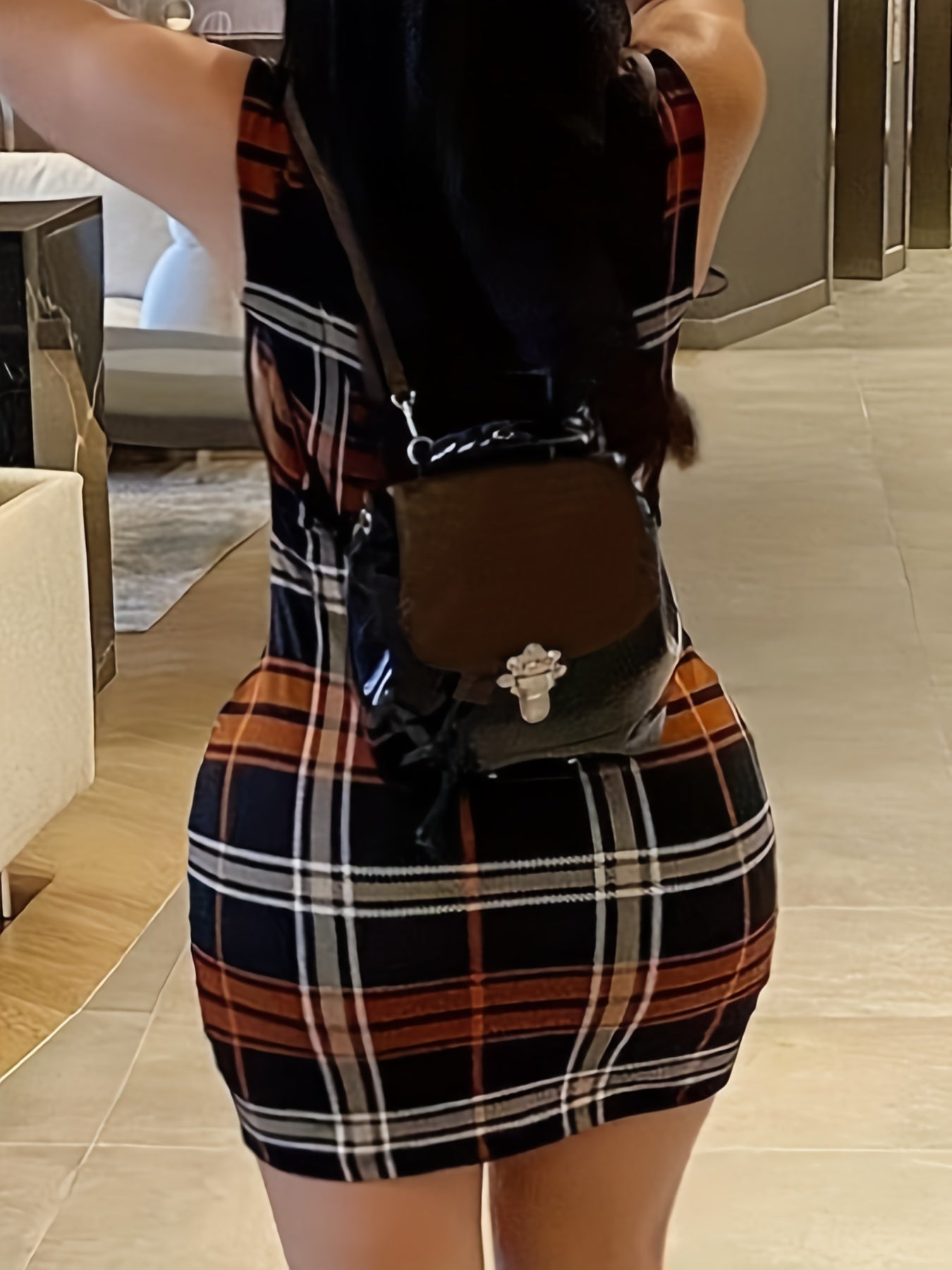  Plaid Print Square Neck Stretch Mini Tank Dress