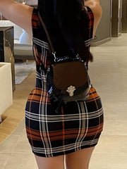  Plaid Print Square Neck Stretch Mini Tank Dress