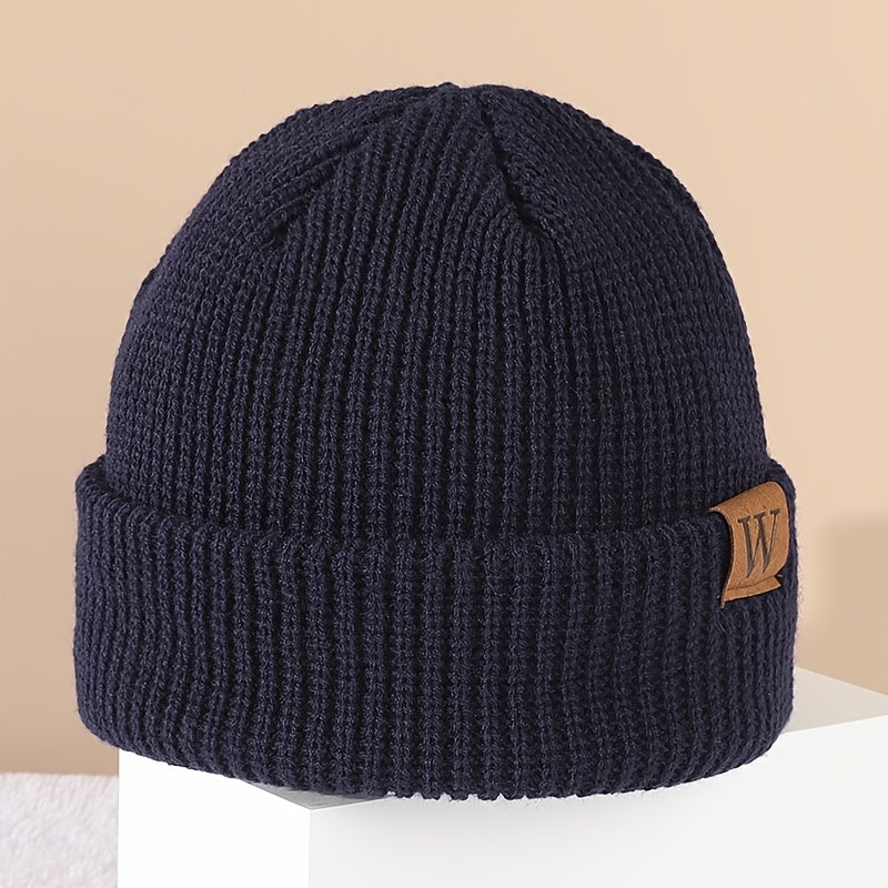 W Patch Knitted Beanie Casual Woolen Hat