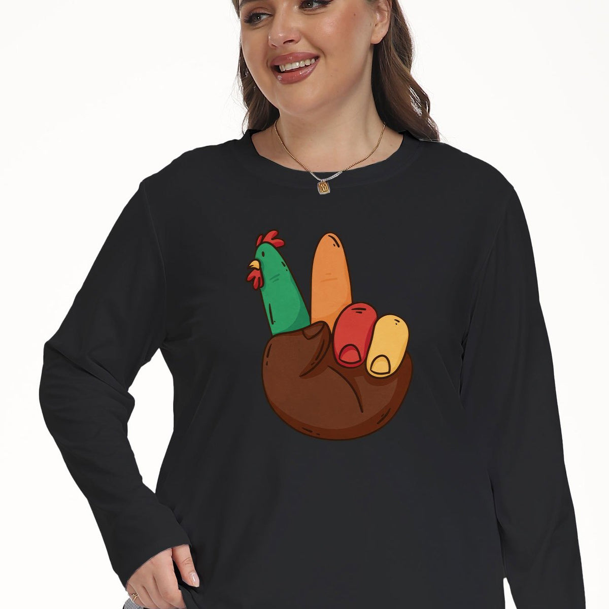  Funny Turkey Print Long Sleeve Crew Neck Tee