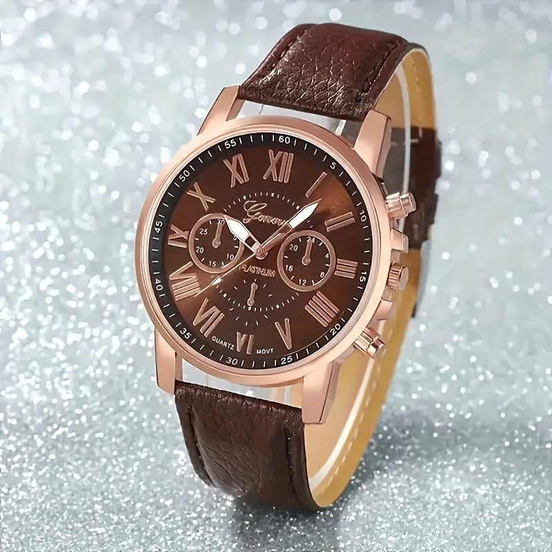 2pcs Quartz Watch Set Round Zinc Alloy Case PUPU PU Leather Strap No Required