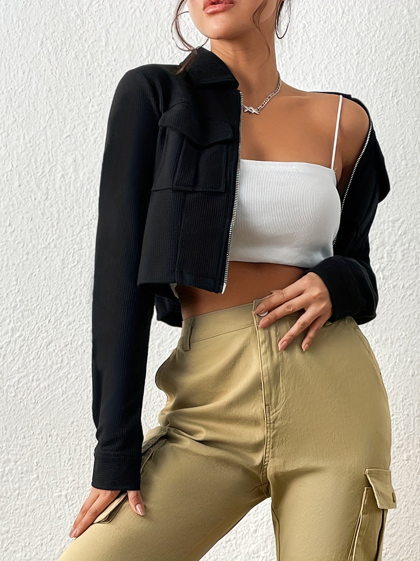 Zipper Solid Jacket Turn Down Collar Long Sleeve Outerwear