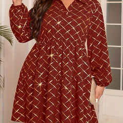  Women's Golden Argyle Print V Neck Smock Mini Dress