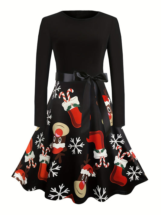  Christmas Casual Dress Women's Plus Colorblock Graphic Print