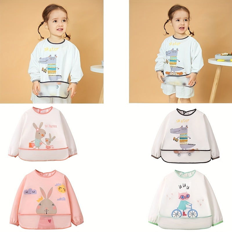 Kids' Half Wrap Long Sleeve Waterproof Smock with Rabbit & Cat Print