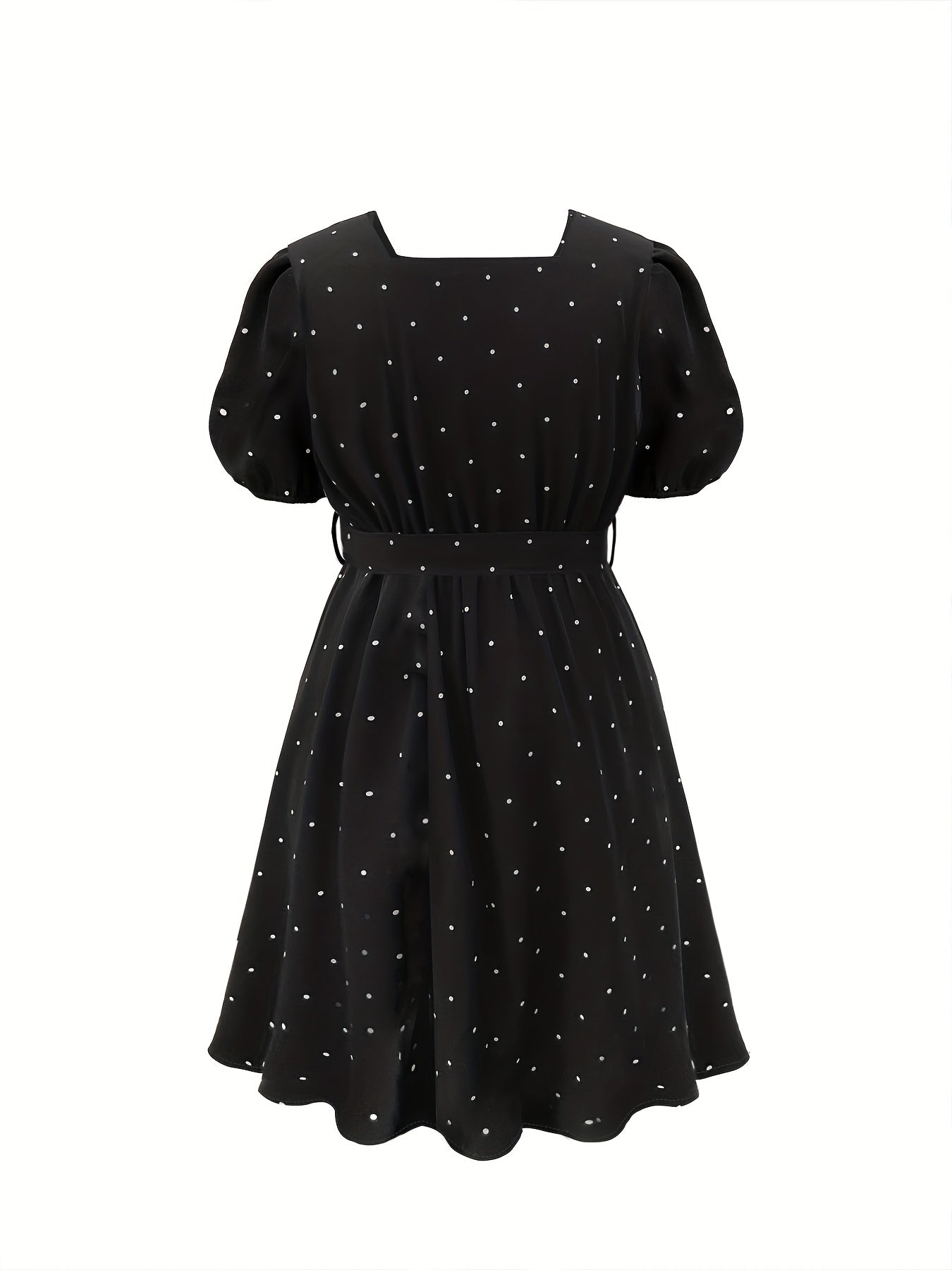  Dot Print Puff Sleeve A Line Dress With Belt