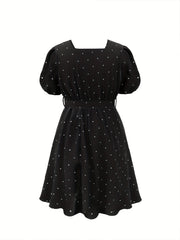  Dot Print Puff Sleeve A Line Dress With Belt