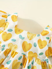 Girl's Heart Print Princess Dress with Puffy Sleeves & Big Bow