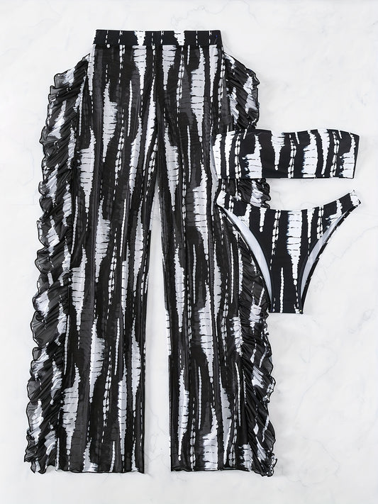 Tie Dye Ruffle Bikini Set Bandeau Tube Top High Cut Cover Up Pant Swimsuit