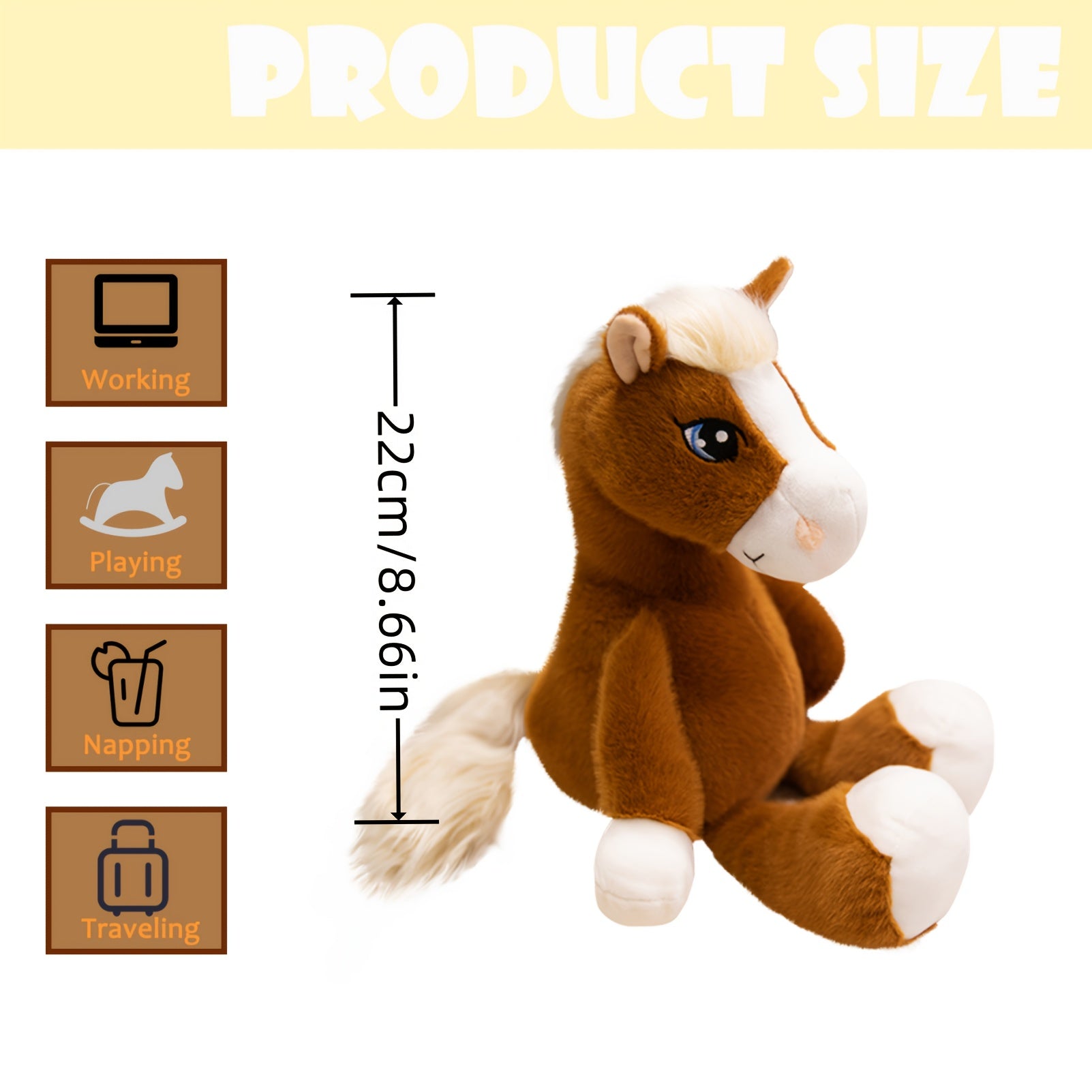 Soft Plush Horse Toy for Kids Cuddly Stuffed Animal Brown Polyester Material