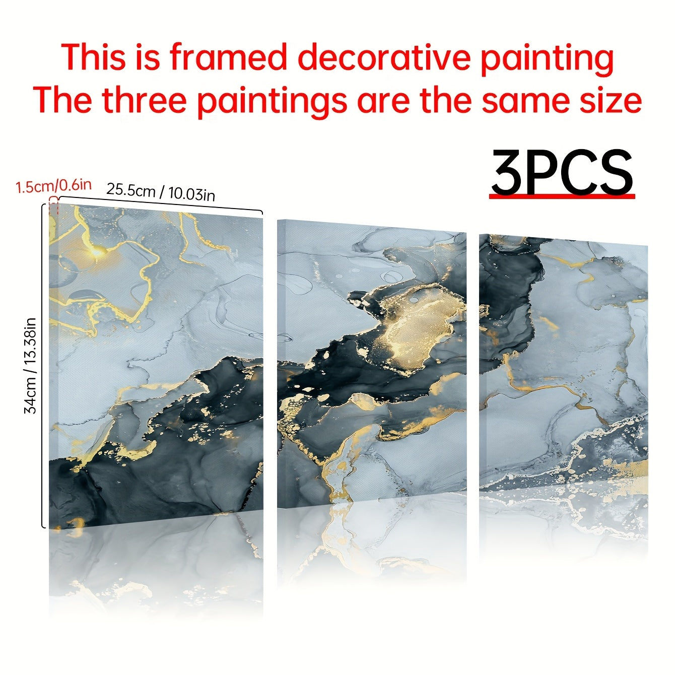 3pcs Framed Modern Ink Paintings with Marble Texture and Golden Accents