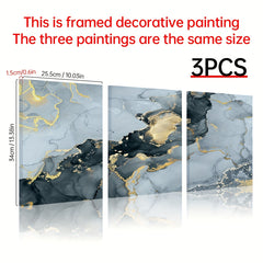 3pcs Framed Modern Ink Paintings with Marble Texture and Golden Accents