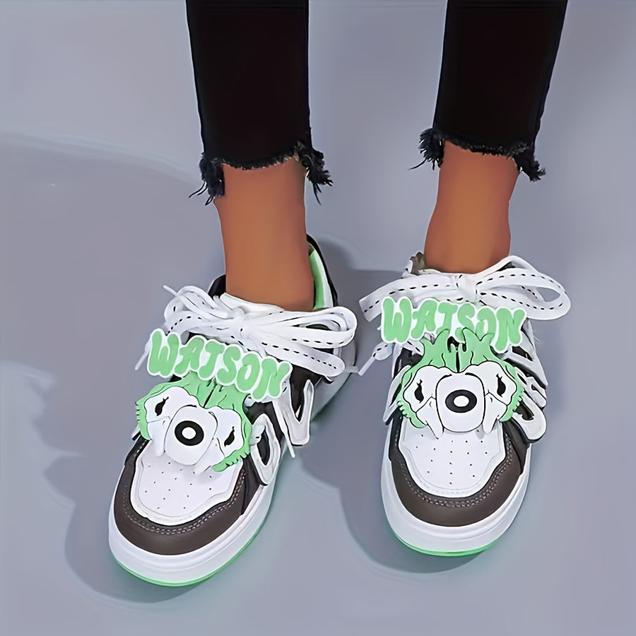 Retro Cartoon Letter Pattern Skate Shoes Lace Up Non slip Sneakers