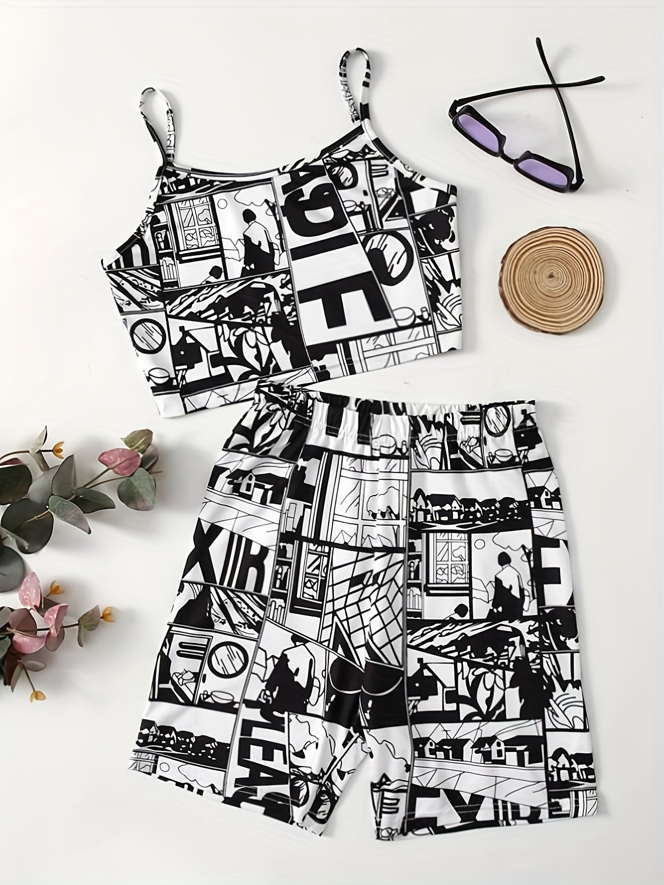 Anime Print Two piece Shorts Set Crop Cami Top & Casual Shorts