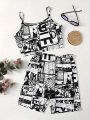 Anime Print Two piece Shorts Set Crop Cami Top & Casual Shorts