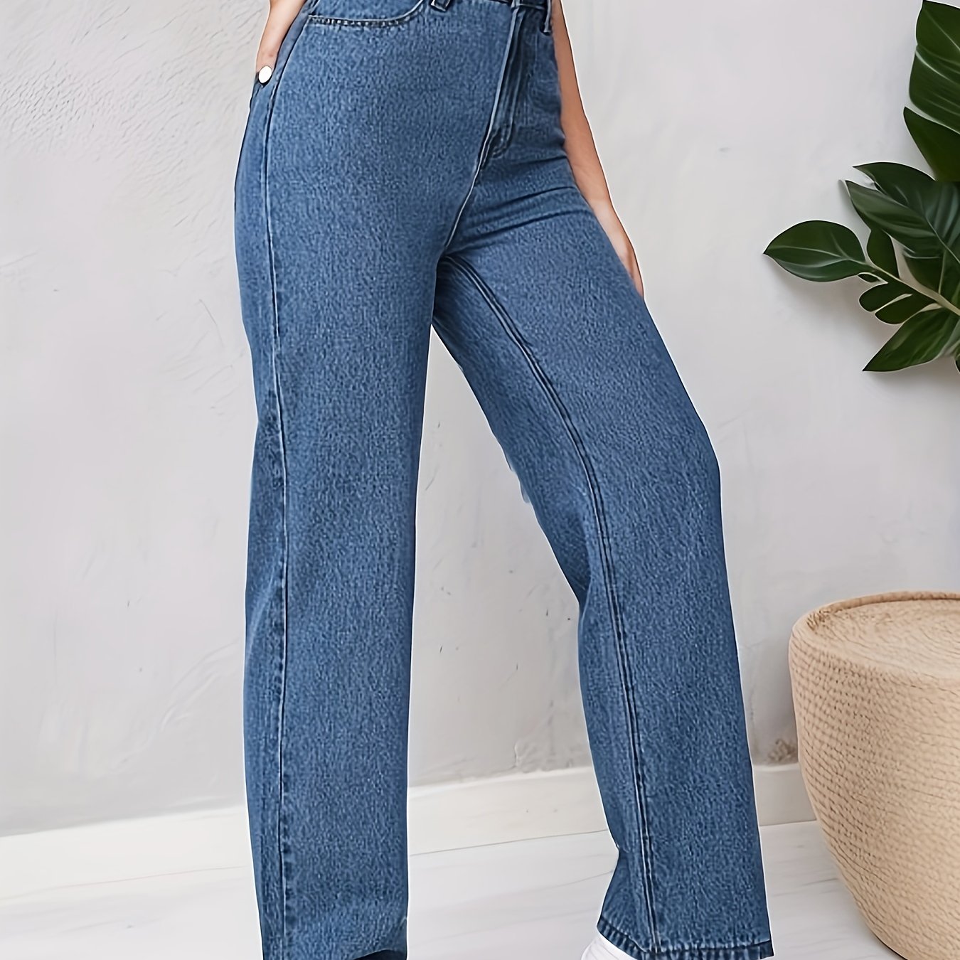 High Waist Straight Jeans Non Stretch Denim Pants