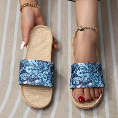 Women's Cartoon Skull Slippers Open Toe Linen Sandals Lightweight Beach Shoes