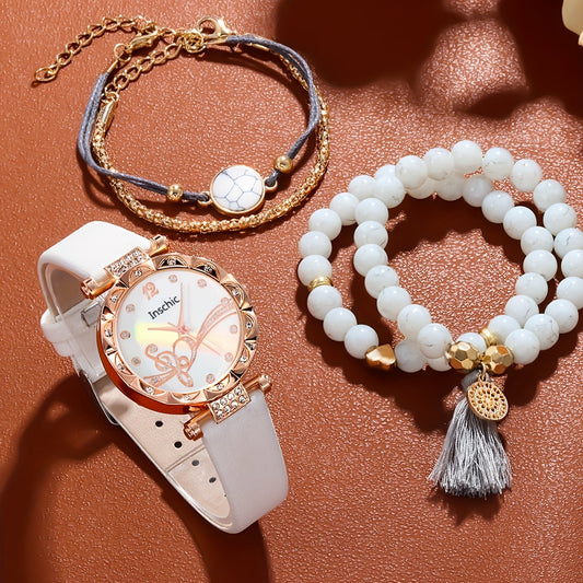 Leather Quartz Watch & Agate Bracelet Set Gift
