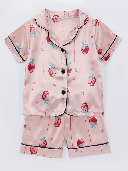 Girls 2 Piece Pajamas Strawberry Graphics Button Down Shirt & Shorts