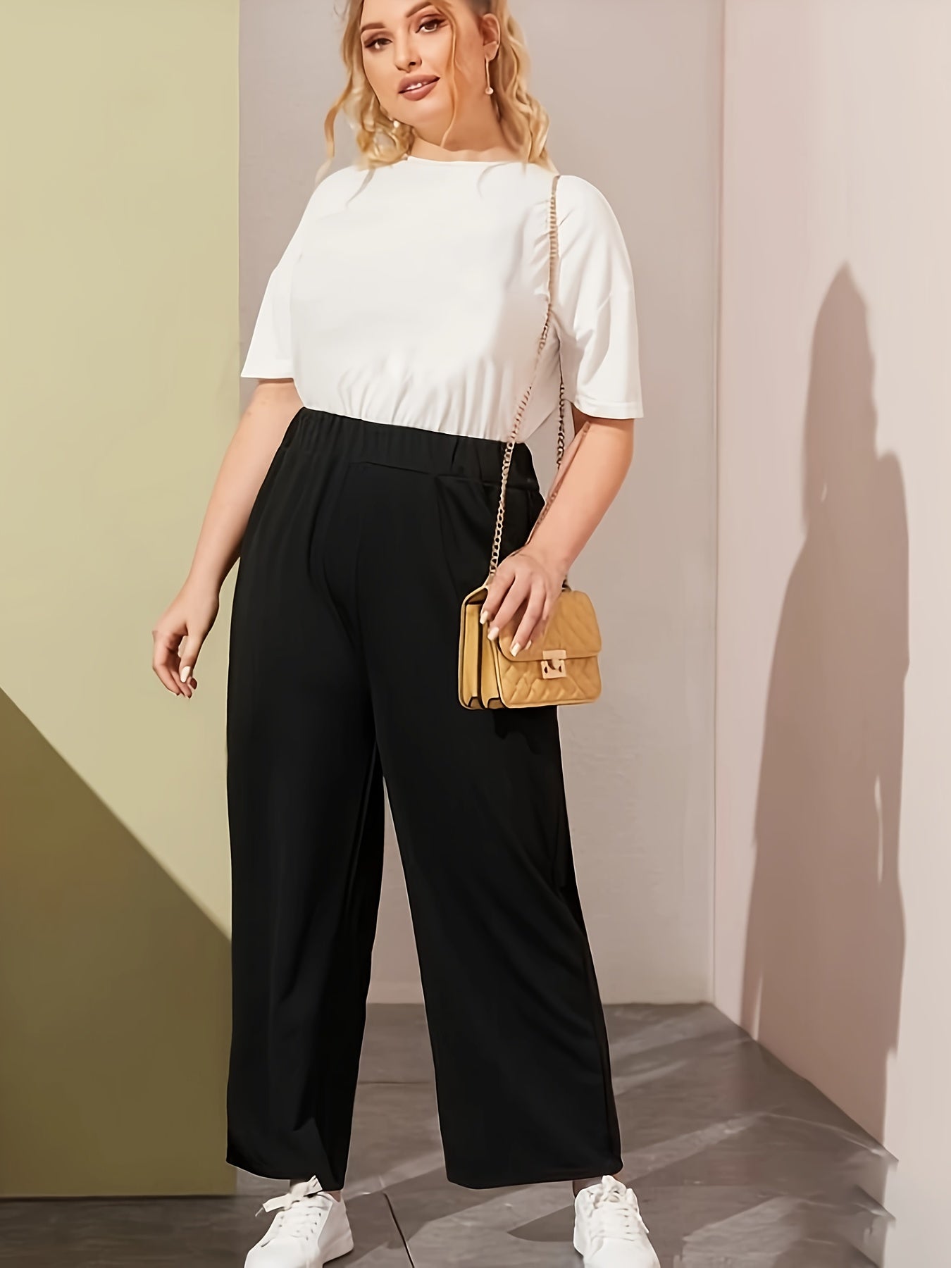  Casual Pants Women's Plus Solid Elastic Waist Straight Leg