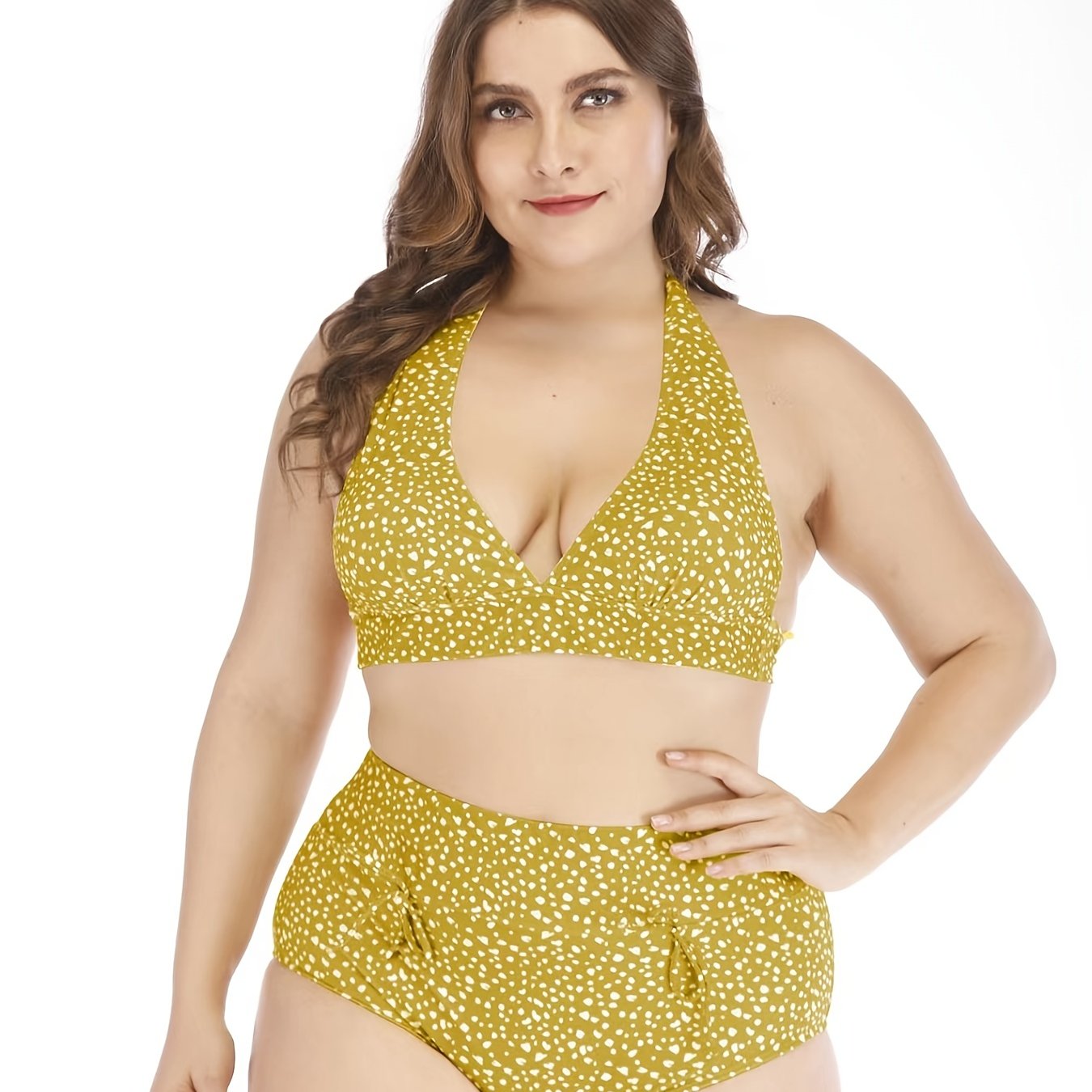  Polka Dot High Rise Knot Front Bikini Set Women's Plus Medium Stretch