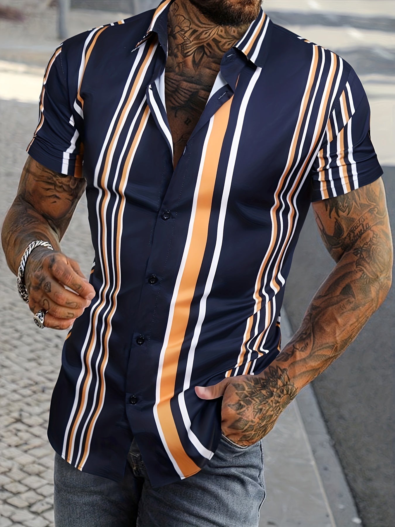Men's Striped Lapel Shirt
