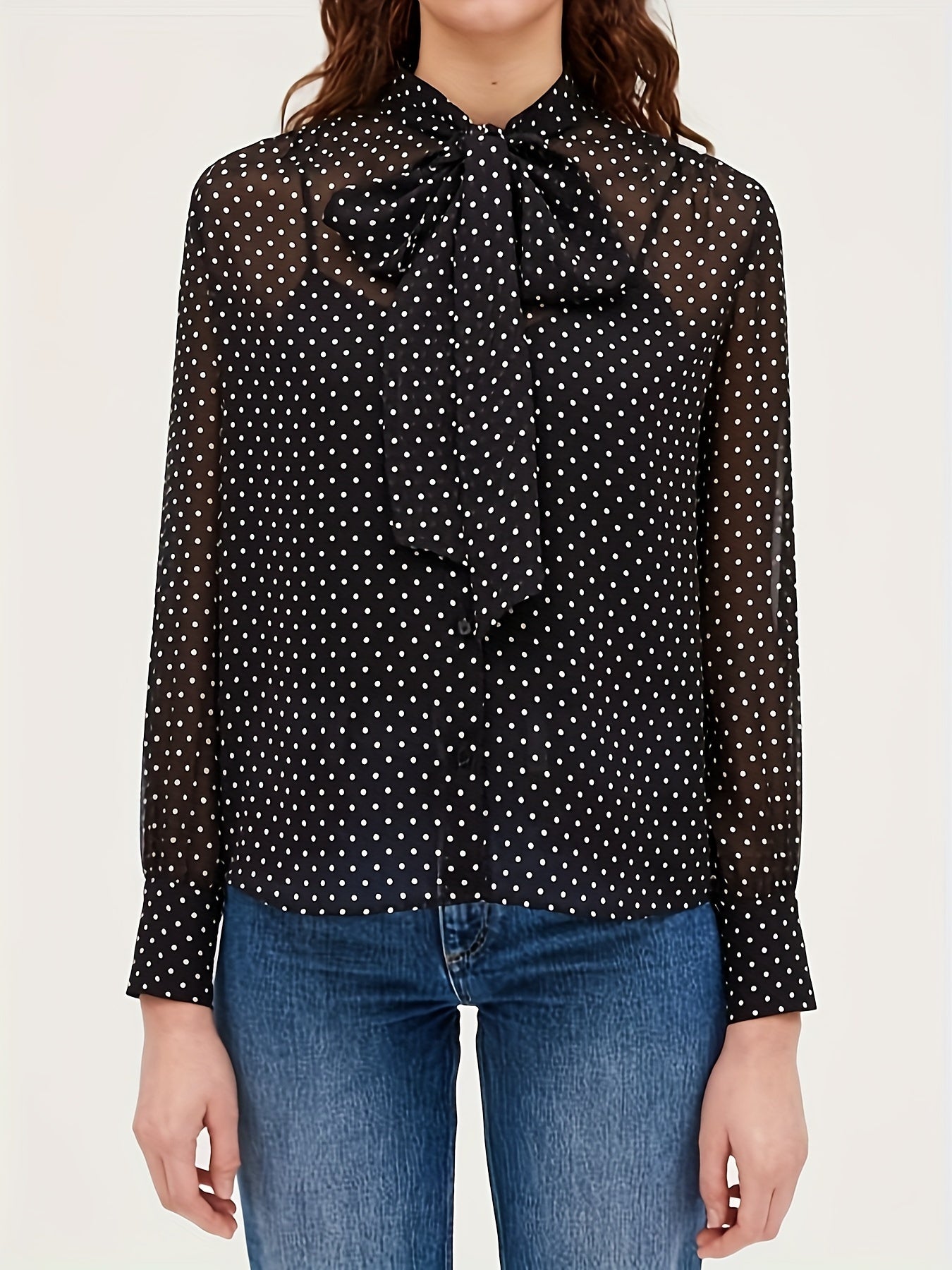  Women's Dot Print Chiffon Long Sleeve Blouse Tie Neck Top