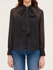  Women's Dot Print Chiffon Long Sleeve Blouse Tie Neck Top
