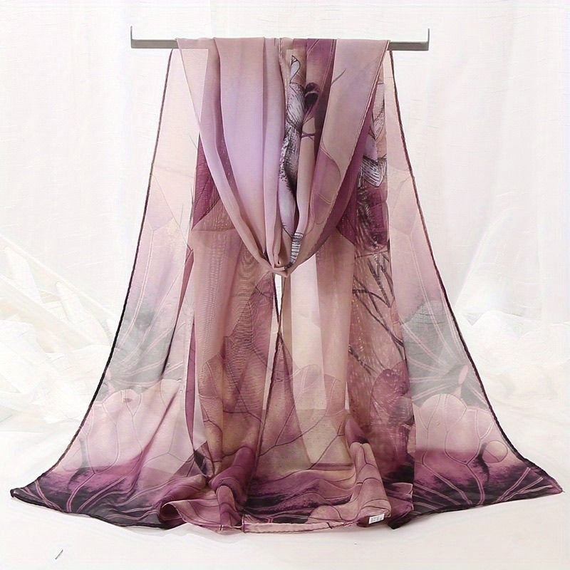 Vintage Lotus Print Chiffon Scarf Hijab Classic Gradient Shawl