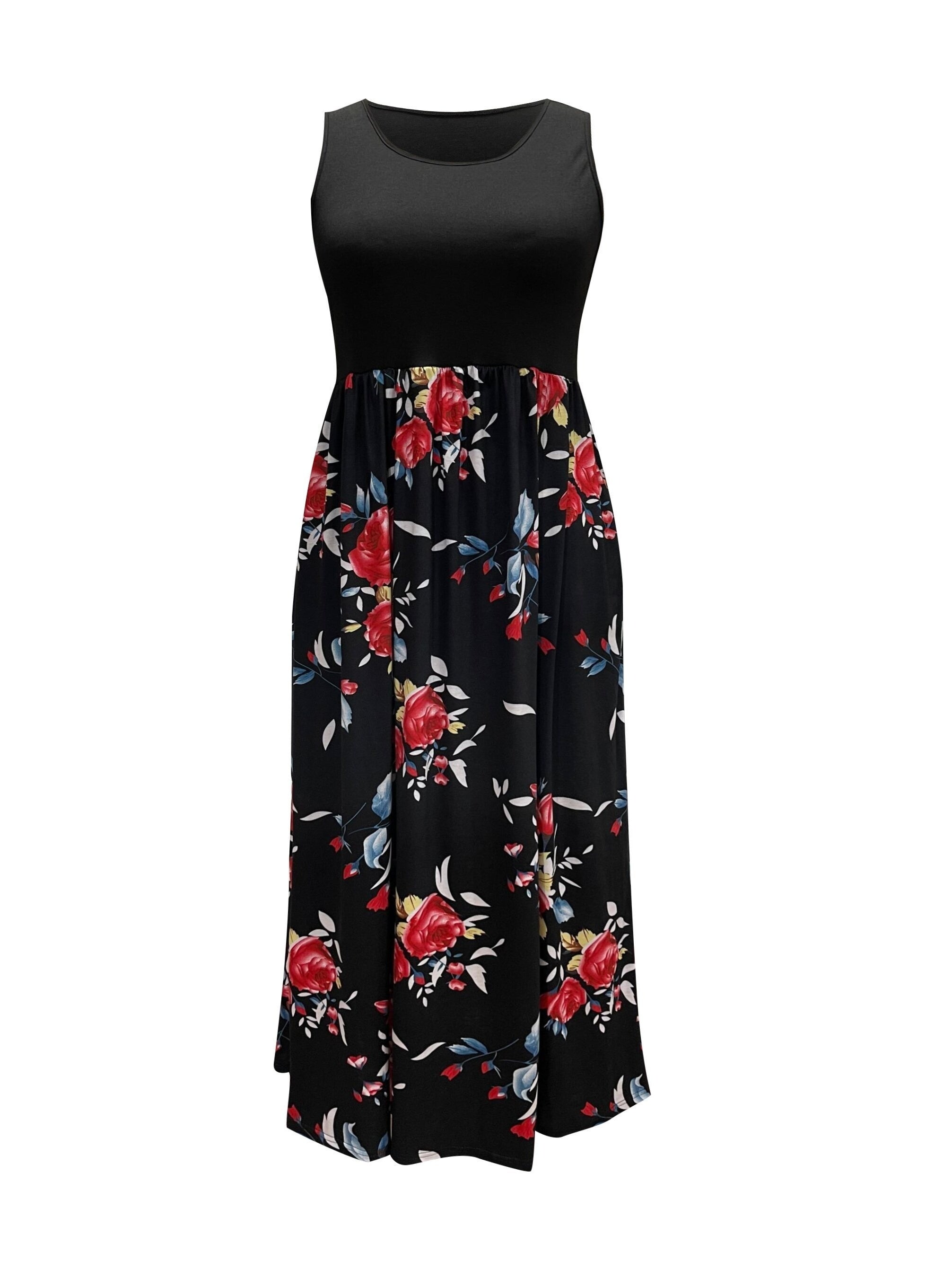  Floral Print Tank Maxi Dress With Pockets