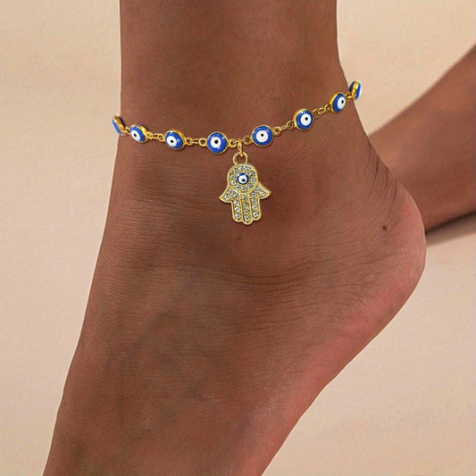 Hand Shape Pendant Chain Anklet with Mini Devil's Eye Beads Copper Foot Ornament