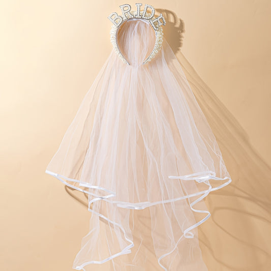 Bridal Headband with Faux Pearl and Rhinestone, Tulle Veil, BRIDE Lettering