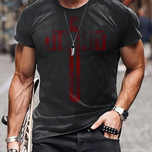 Men's Cross Pattern Sports T-shirt, Round Neck Tee Shirt for Summer