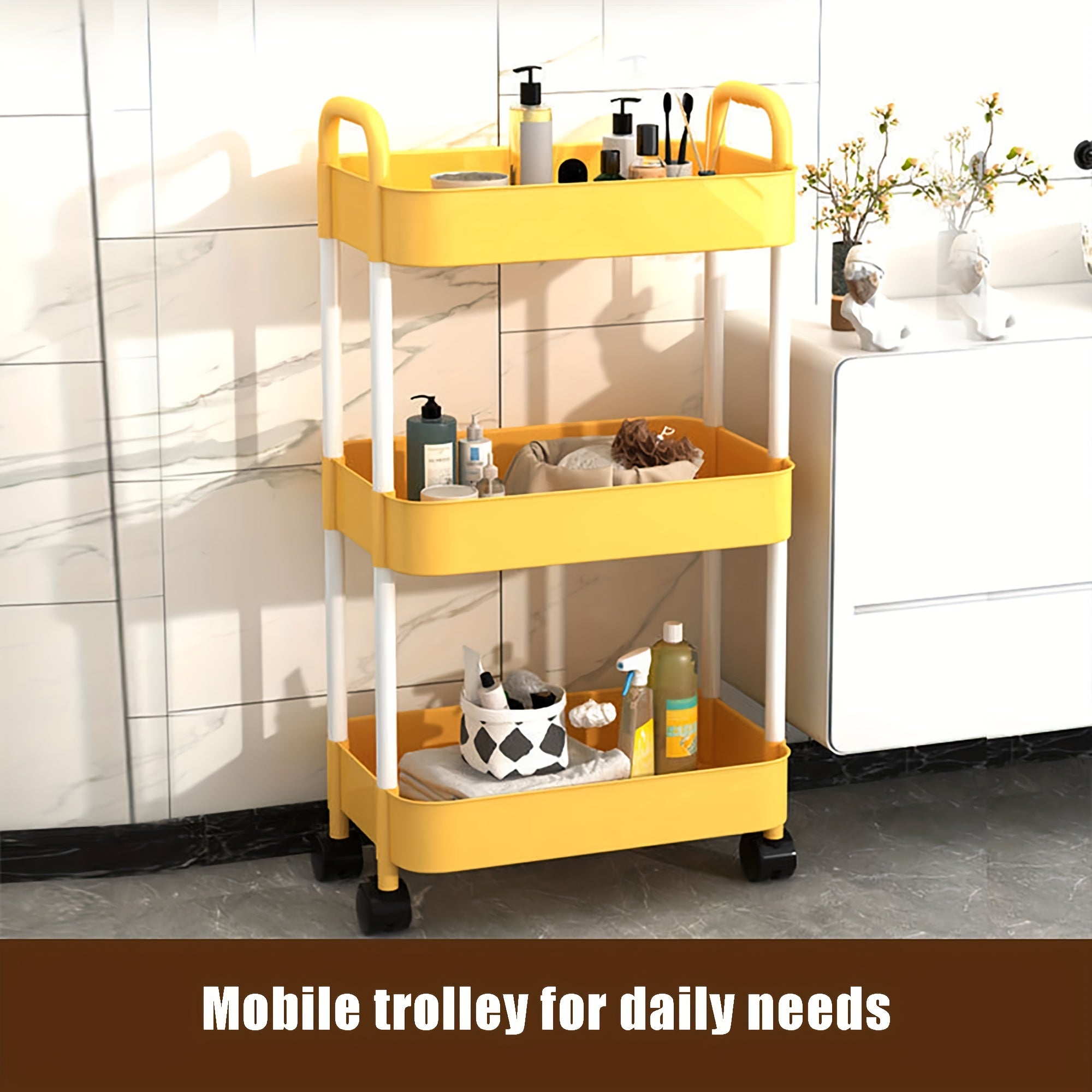 Yellow Cart Three layer Bookshelf Storage Rack School Supplies