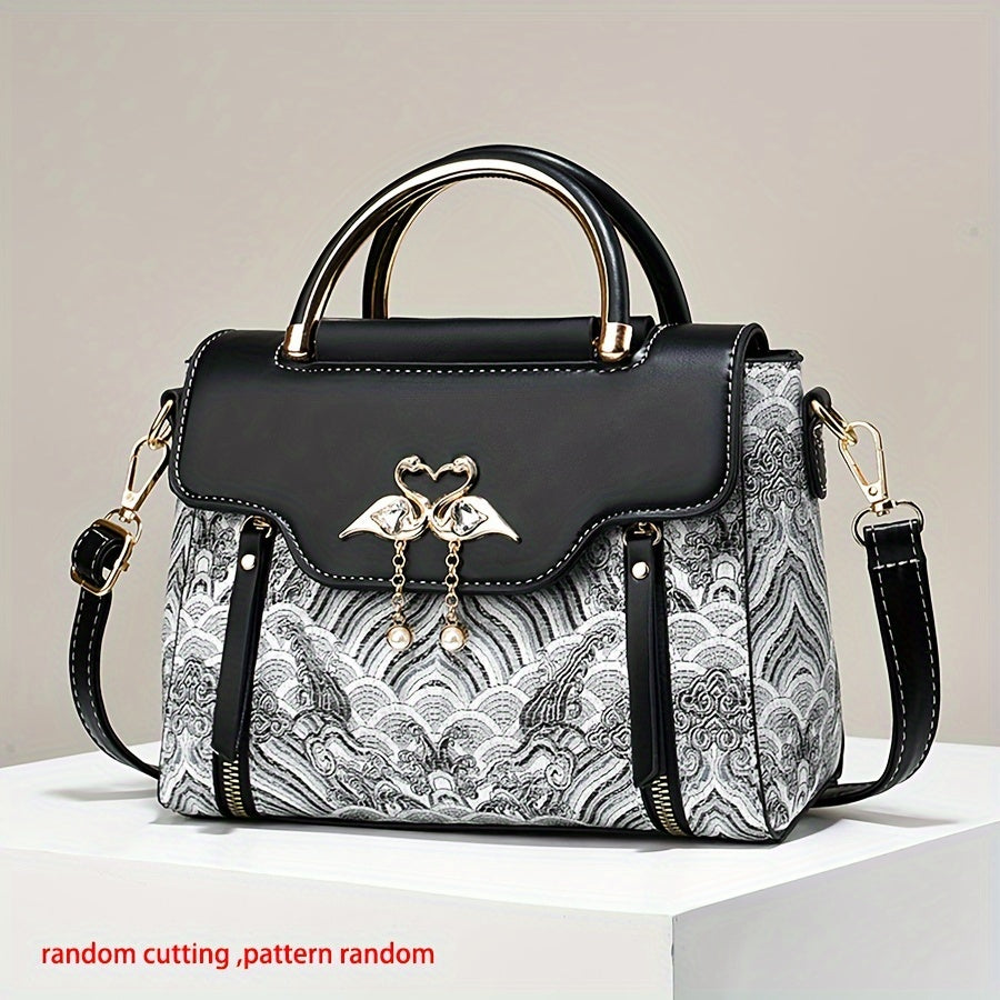 Swan Top Handle Handbag Lightweight Adjustable Strap Rhinestone Accents